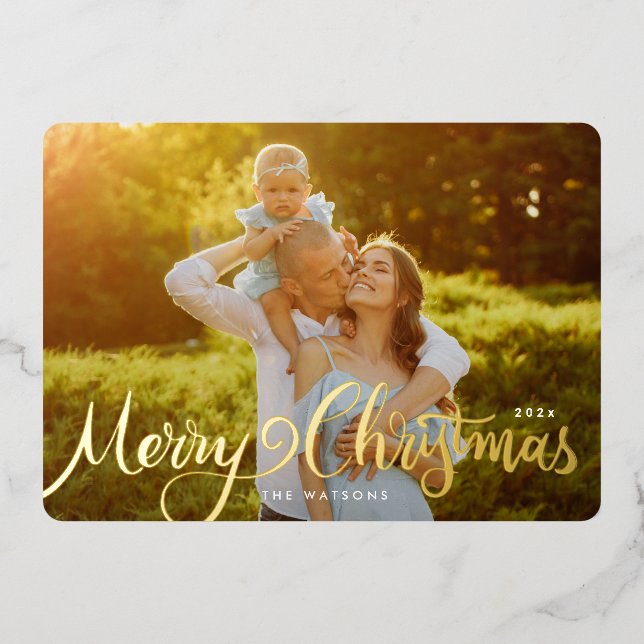 Gold Elegant Lettering Merry Christmas Photo Foil Holiday Card (Front)
