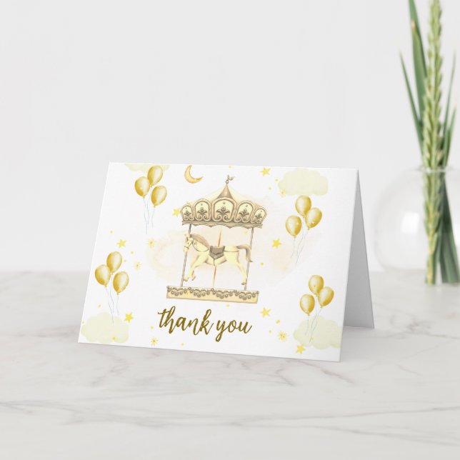 Gold Elegant Magical Balloon Carousel Baby Shower  Thank You Card (Front)
