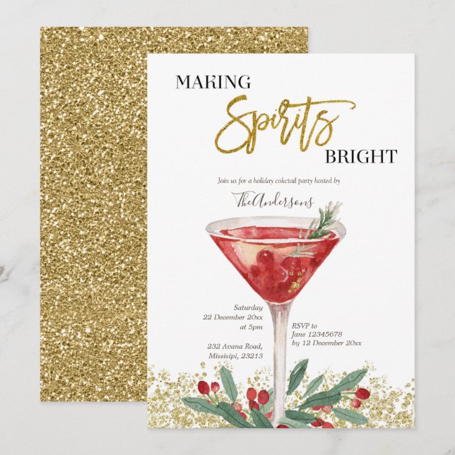 Gold Elegant Making Spirits Bright Cocktail Invitation (Front/Back)