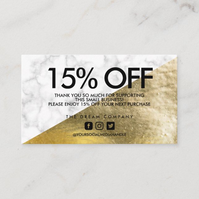 Gold Elegant Marble Discount Thank You Business Card (Front)