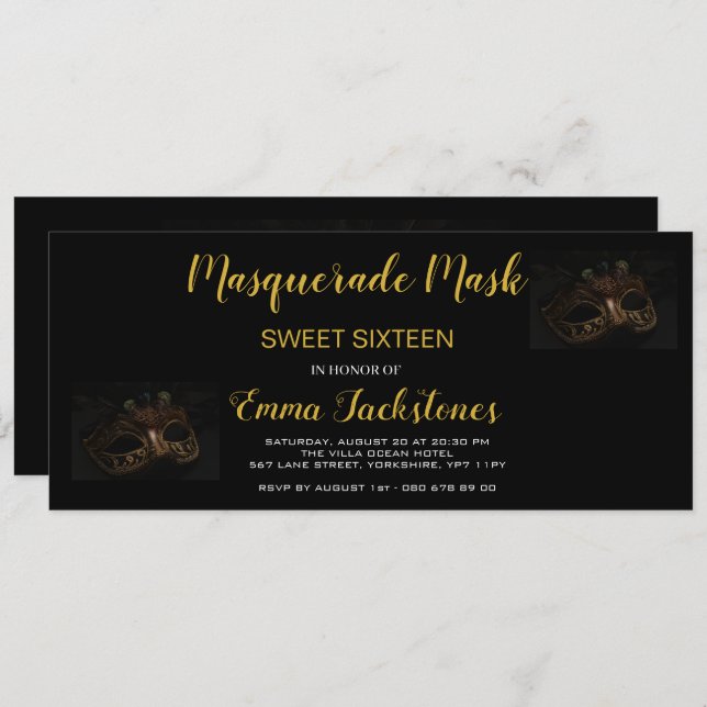 Gold Elegant Masquerade Mask Theme Sweet Sixteen Invitation (Front/Back)