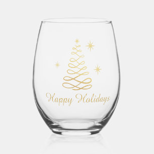 Gold Elegant Merry Christmas Greeting  Stemless Wine Glass