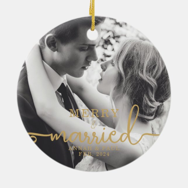 Gold Elegant Merry & Married Christmas Photo Ceramic Ornament (Back)