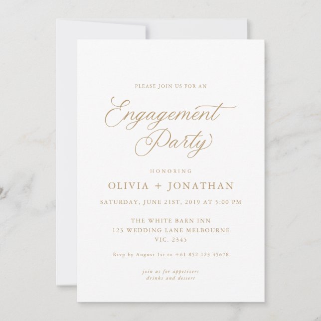 Gold Elegant Modern Calligraphy Engagement Party Invitation (Front)