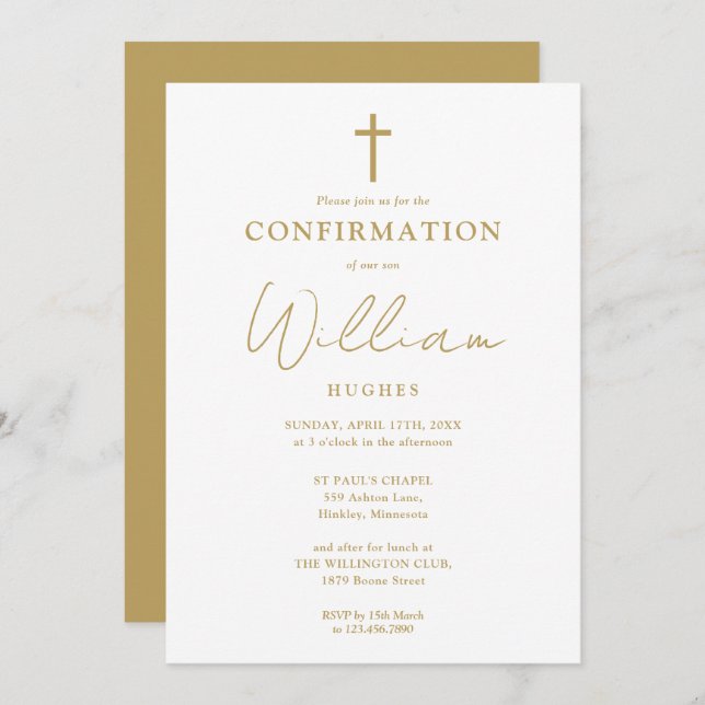 Gold Elegant Modern Minimalist Confirmation Invitation (Front/Back)