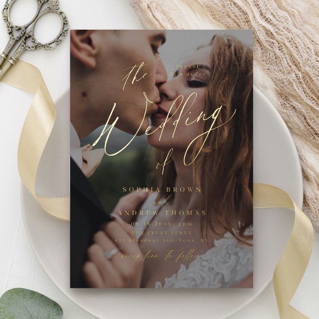Gold elegant modern script minimal photo wedding (Gold elegant modern script minimal photo wedding foil invitation)