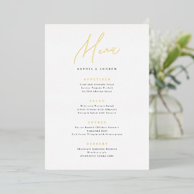 Gold elegant modern script minimalist wedding menu (Standing Front)