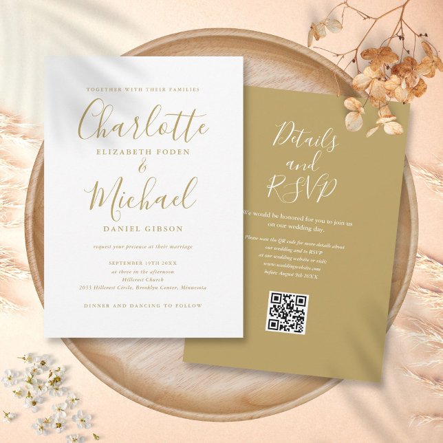 Gold Elegant Modern Script QR Code Wedding Invitation (Gold Elegant Modern Script QR Code Wedding Invitation)