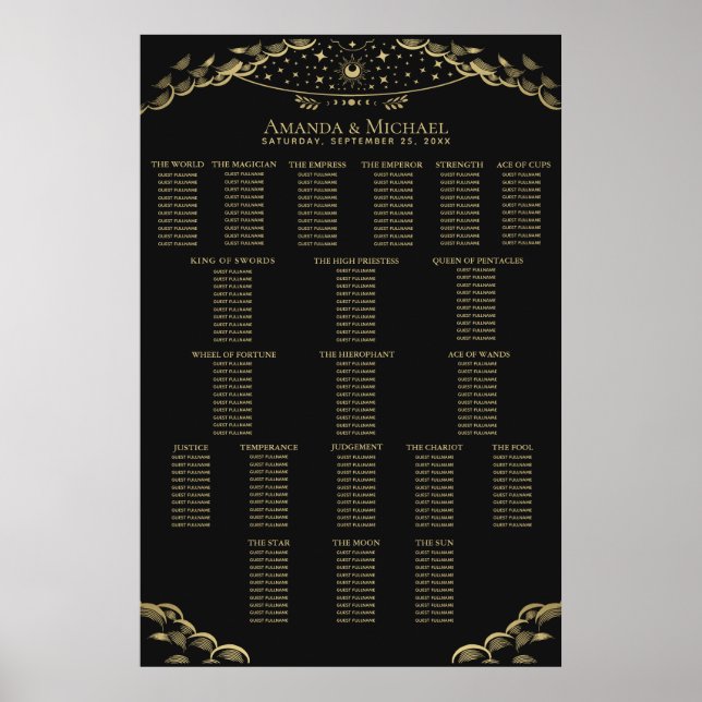Gold Elegant Mystical Tarot Wedding Seating Chart (Front)