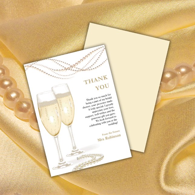 Gold Elegant Pearls & Prosecco Bridal Shower  Thank You Card (Gold Elegant Pearls & Prosecco Bridal Shower Thank You Card )