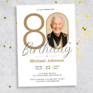 Gold Elegant Photo 80th Birthday Party Invitation