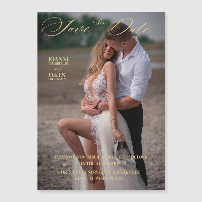 Gold Elegant Photo Save The Date Magnetic Invitation (Front)
