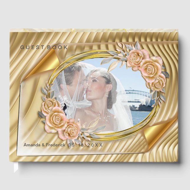 Gold Elegant Ripple Effect & Roses Guest Book (Front)