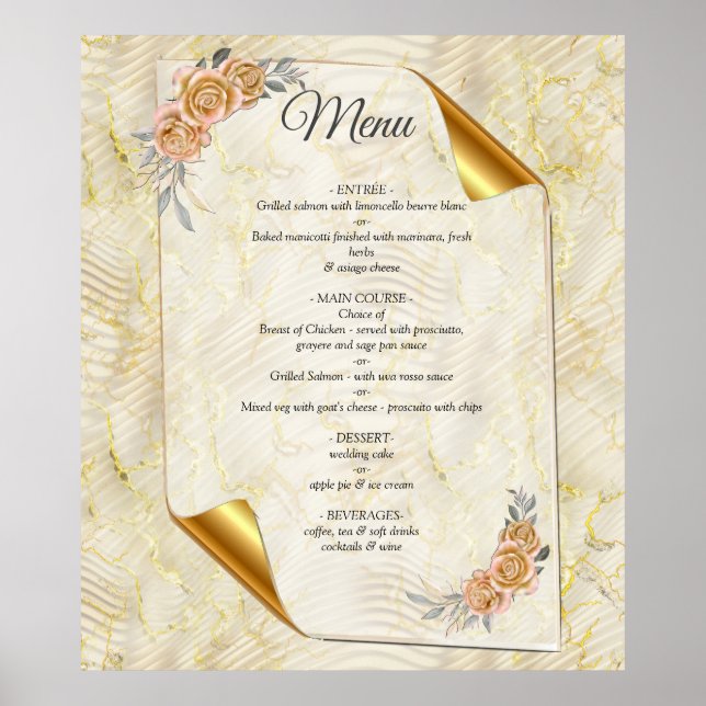 Gold Elegant Ripple Effect & Roses Leaves and Bird Poster (Front)