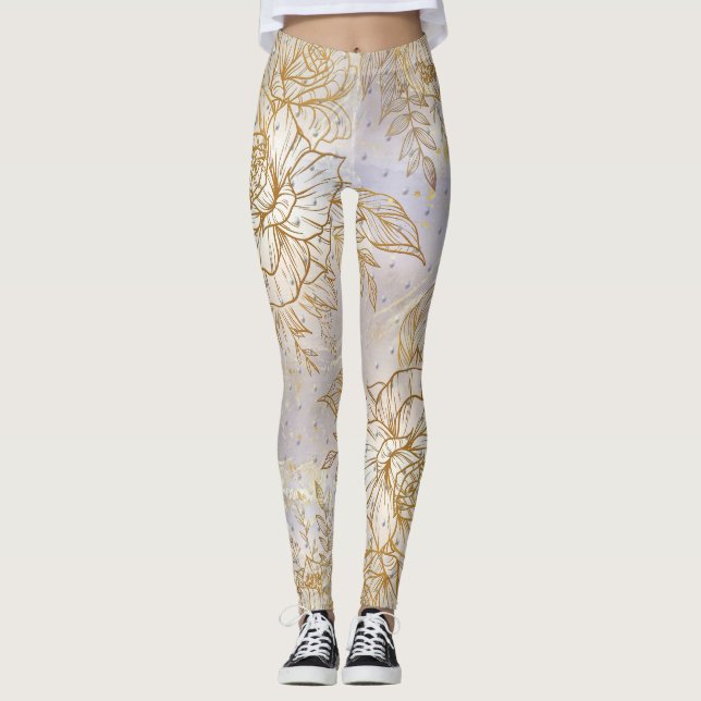 Gold Elegant Rose line drawing Leggings (Front)