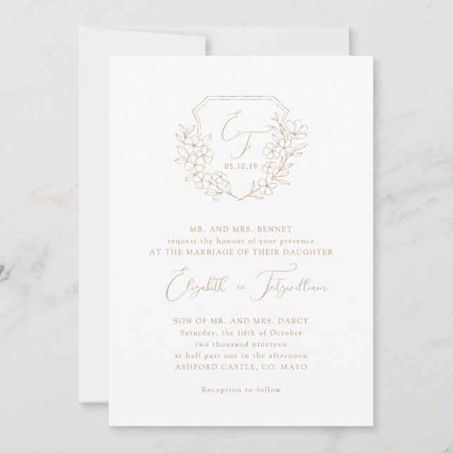 Gold Elegant Script Cherry Blossom Monogram Crest Invitation (Front)