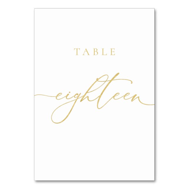 Gold Elegant Script Table Number Eighteen (Front)