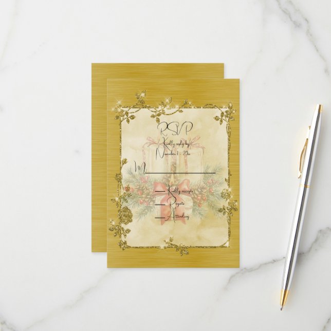 Gold Elegant Sparkly Frame  RSVP Card (Front/Back In Situ)