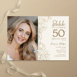 Gold Elegant Surprise Photo 50th Birthday Invitation<br><div class="desc">Floral gold cream surprise 50th birthday party invitation with your photo on the front of the card. Elegant modern design featuring botanical outline drawings accents and typography script font. Simple trendy invite card perfect for a stylish female bday celebration. Can be customised to any age. Printed Zazzle invitations or instant...</div>