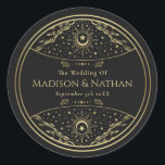 Gold Elegant Tarot Wedding Classic Round Sticker<br><div class="desc">Elegant and modern wedding design inspired by a tarot card. Design is not real foil. You can customise this further by clicking on the "PERSONALIZE" button. Matching Items in our shop for a complete party theme. For further questions please contact us at ThePaperieGarden@gmail.com</div>