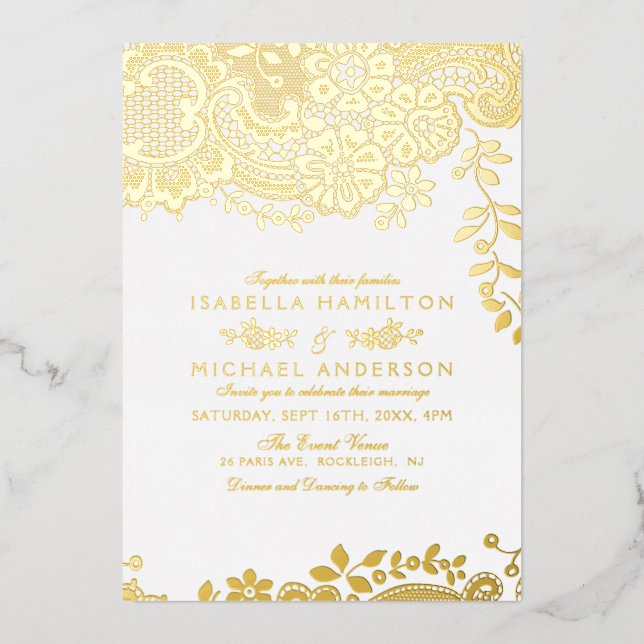 Gold elegant vintage lace wedding foil invitation (Front)