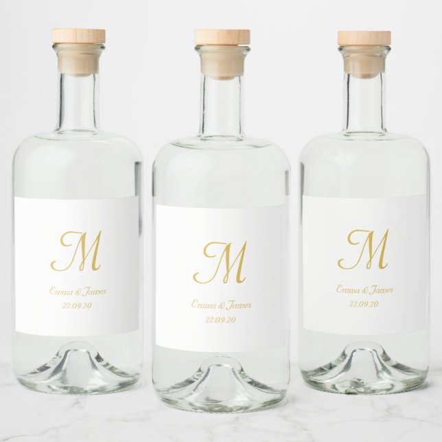 Gold Elegant White Script Monogram Wedding Favour  Liquor Bottle Label (Bottles)