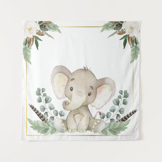 Gold Elephant Baby Shower Backdrop Tapestry (Front)