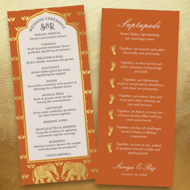 Gold Elephant Indian & Hindu Wedding Program Card (Hindu wedding program, Indian wedding program, Saptapadi seven steps, elephant lotus flower mundap)
