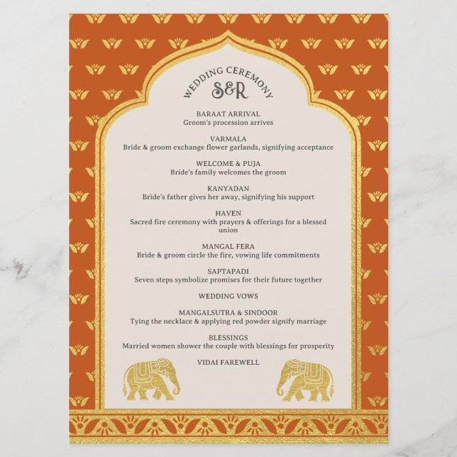 Gold Elephant Indian & Hindu Wedding Program Card (Front)