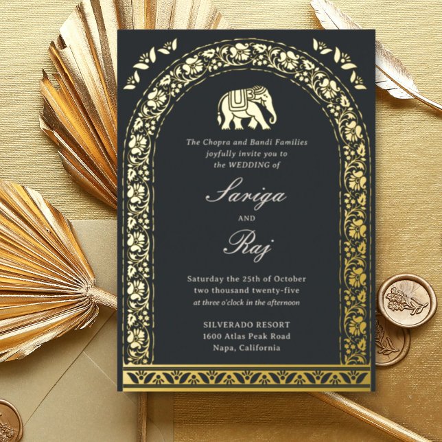 Gold Elephant & Lotus Flower Indian Wedding (Black Indian wedding invitation with elephant and lotus flower motif, hindu wedding invitation card)