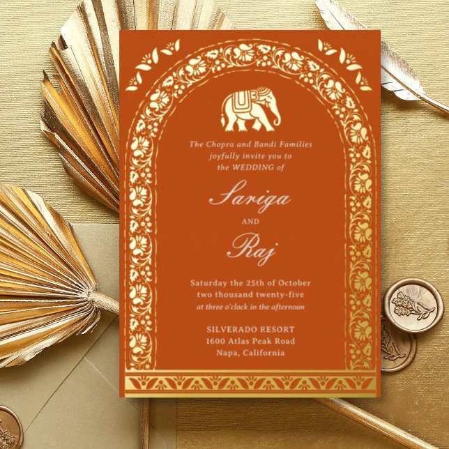Gold Elephant & Lotus Flower Indian Wedding (Orange indian wedding invitation, gold foil elephant and lotus flower motif, hindu wedding card)