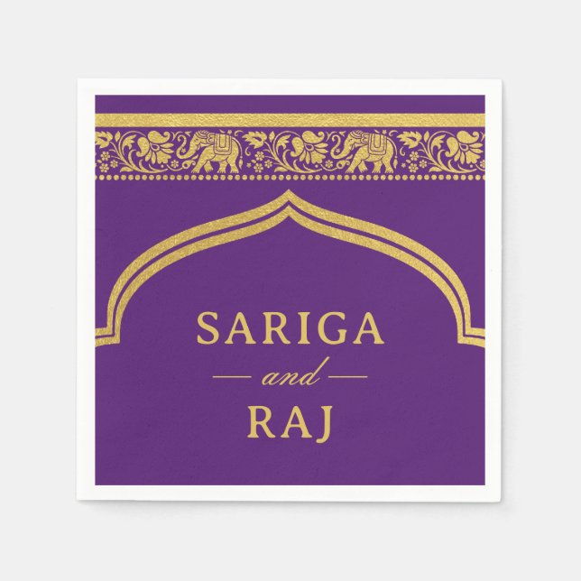 Gold Elephant & Lotus Flower Mundap Arch Wedding Napkin (Front)