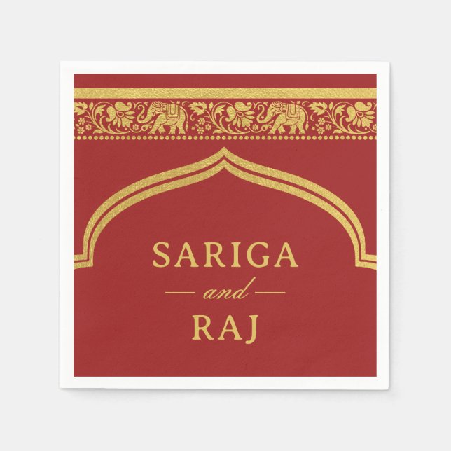 Gold Elephant & Lotus Flower Mundap Arch Wedding Napkin (Front)