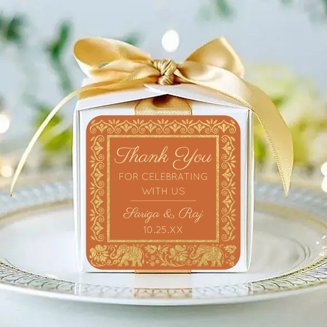 Gold Elephant & Lotus Wedding Return Gift Favour Square Sticker (indian wedding return gift thank you sticker, hindu wedding return gift label, elephant lotus flower)