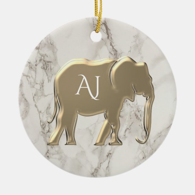 Gold Elephant Marble Monogrammed Ceramic Ornament (Front)