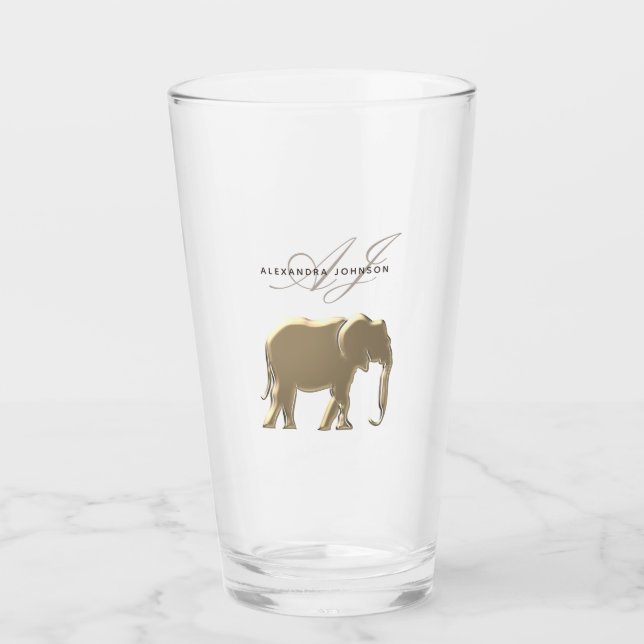 Gold Elephant Monogram Personalised Glass (Front)