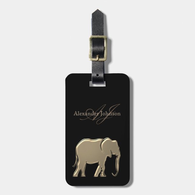 Gold Elephant Monogrammed Chic Black Luggage Tag (Front Vertical)