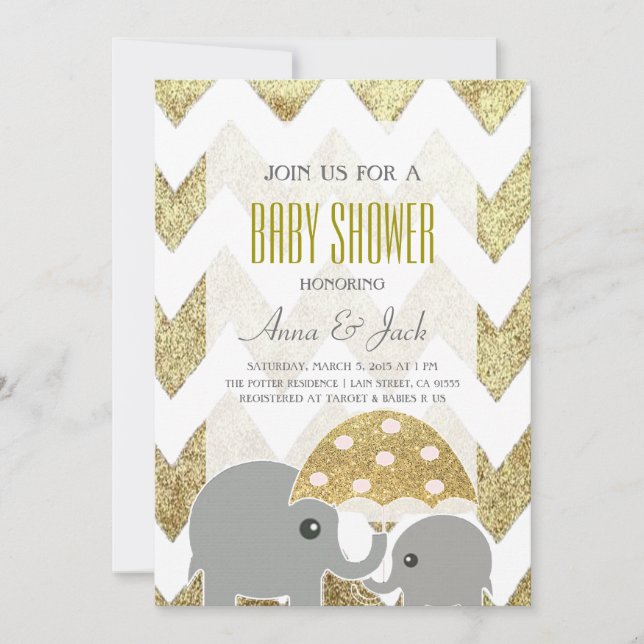Gold Elephant Umbrella Baby Shower Party Invite (Front)