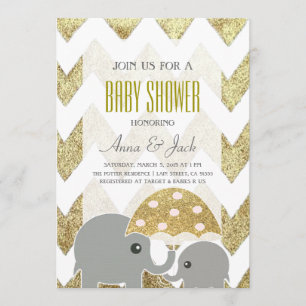 Gold Elephant Umbrella Baby Shower Party Invite