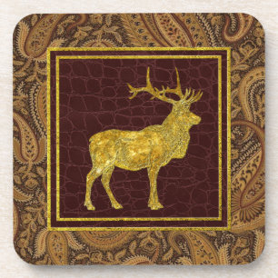 Gold Elk Paisley and Leather Patterns Coaster
