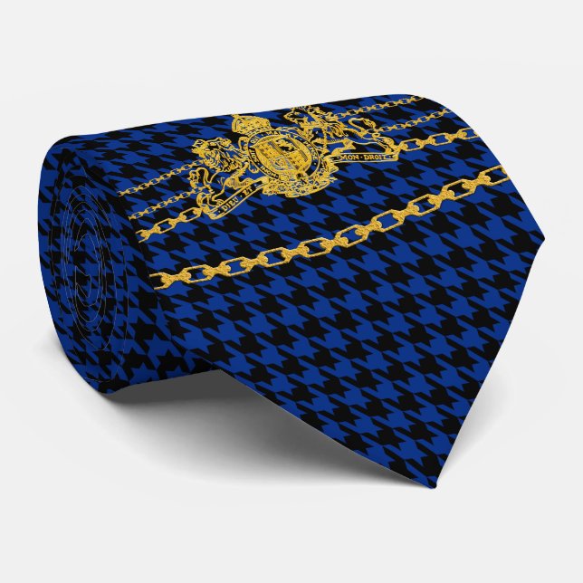 Gold Emblem Chain Trim Black Blue Houndstooth Tie (Rolled)
