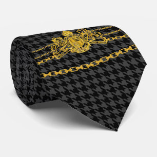 Gold Emblem Chain Trim Black Grey Houndstooth Tie