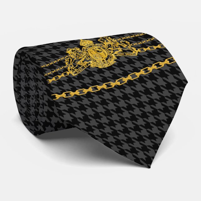 Gold Emblem Chain Trim Black Grey Houndstooth Tie (Rolled)