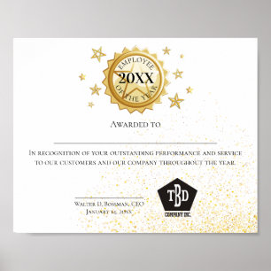Gold emblem employee of the year certificate poster