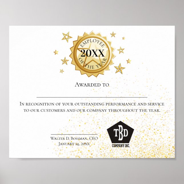 Gold emblem employee of the  year certificate poster (Front)