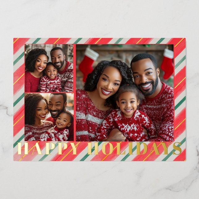 Gold Embossed Striped Christmas Foil Holiday Card (Front)