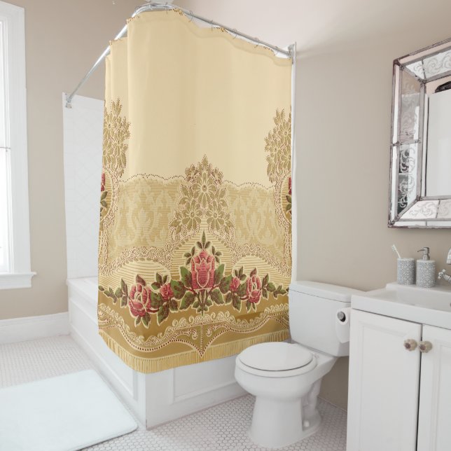Gold Embossed Style Vintage Floral Shower Curtain (In Situ)