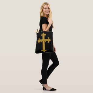 Gold Embroidered Look Cross Front and Back Tote Bag