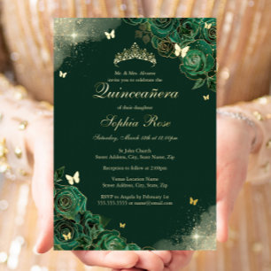 Gold Emerald Butterfly Floral Quinceanera