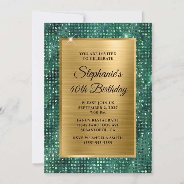 Gold Emerald Diamond Studded Foil 40th Birthday Invitation (Front)